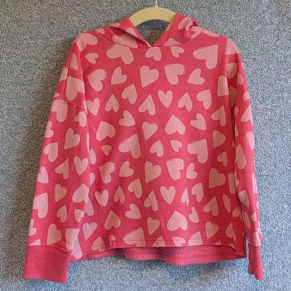Old Navy Girls Size 5T Pink Heart Graphic Print Pullover Hoodie Sweatshirt